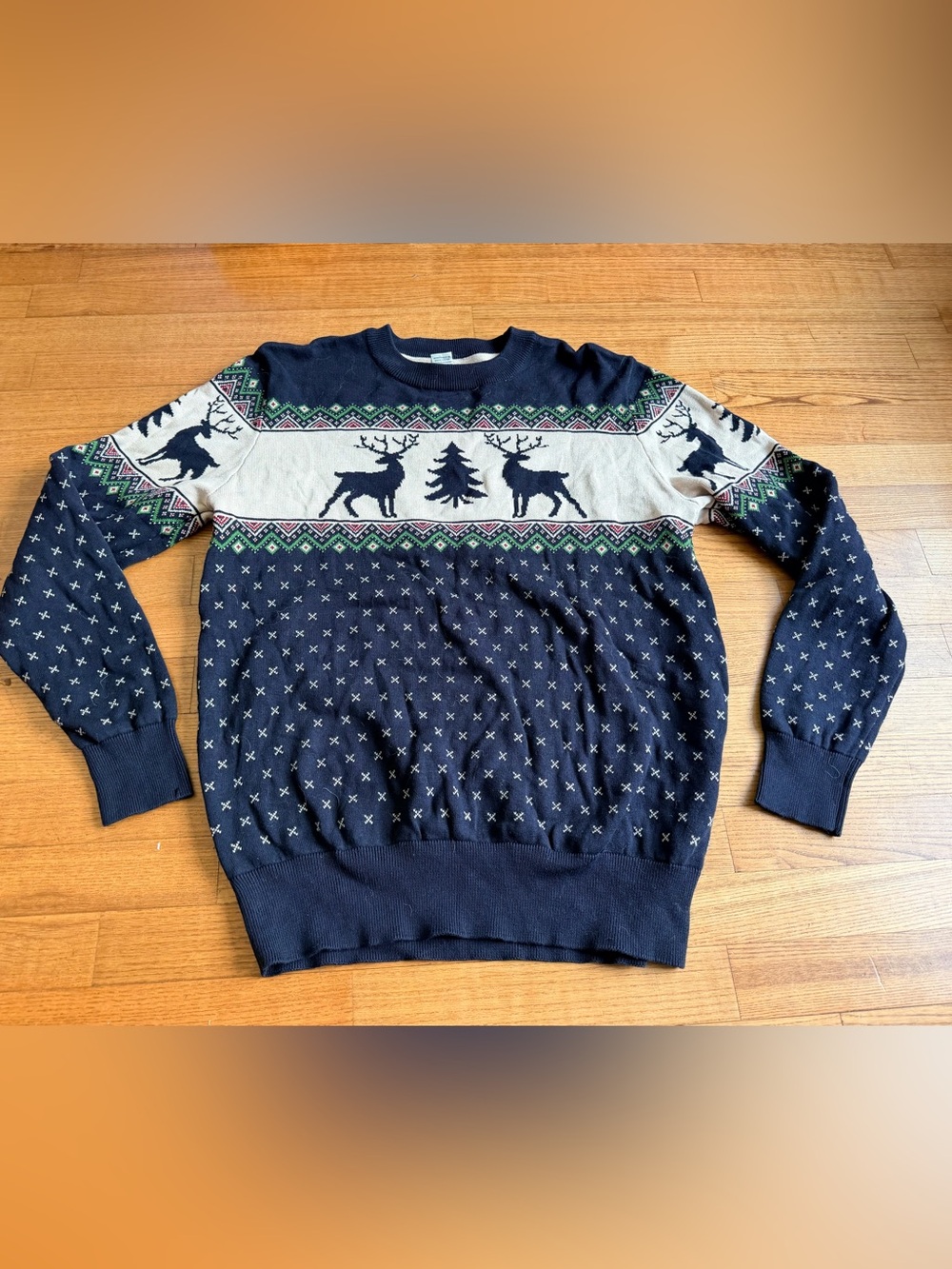 ASPEN Mens Navy Blue Reindeer Fair Isle Holiday Sweater 100% Cotton L Christmas